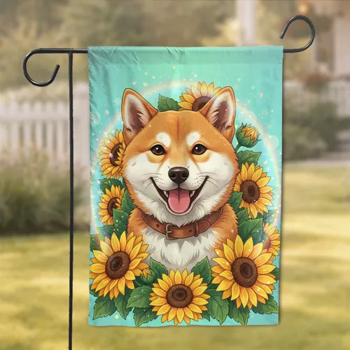 Cheerful Puppy Sunflowers Rainbow Arcs - Home Decor Gift for Dog Lover Garden Flag