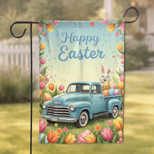 Vintage Pickup Truck Easter Bunny Eggs Tulips - Easter Celebration Decor Garden Flag