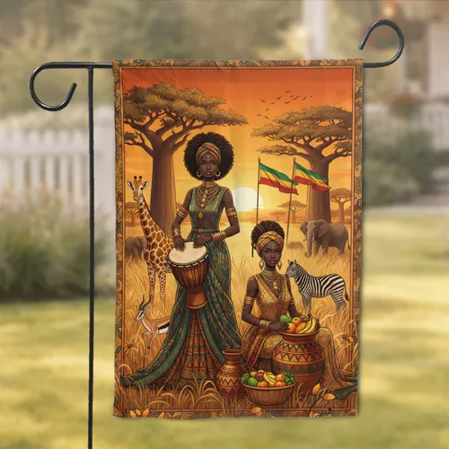 African Women Wildlife Savanna Sunset - Home Decor Gift for Culture Lover Garden Flag