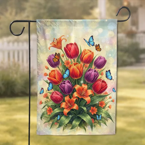 Full Bloom Tulip Lily Butterfly Floral Garden - Home Decor Gift for Garden Lover Garden Flag