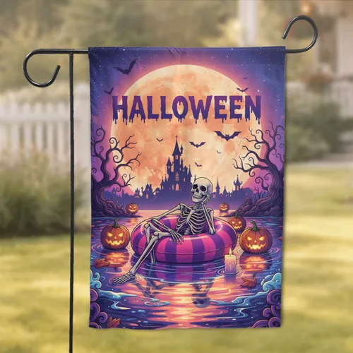 Skeletal Figure Floating Swimming Ring Halloween Moon Bats - Halloween Party Decor Garden Flag