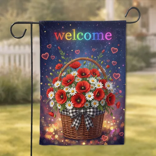 Welcome Woven Basket Poppy Daisy Glowing Hearts Night Sky - Home Decor Gift Garden Flag