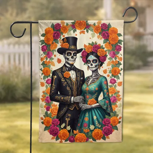 Day of the Dead Catrina Catrin Sugar Skull Couple Marigold Rose Dia de los Muertos Garden Flag