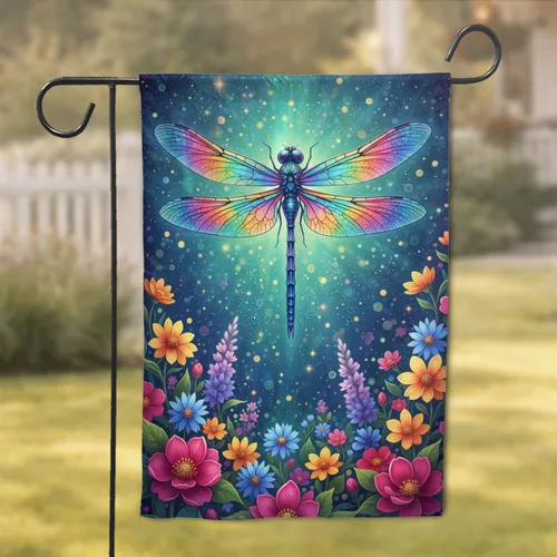 Iridescent Rainbow Dragonfly Garden Flowers - Home Decor Gift for Nature Lovers Garden Flag