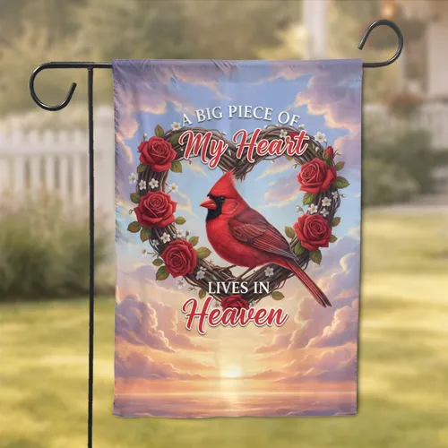 Majestic Red Cardinal Heart Wreath Heaven Sky - Remembrance Gift for Bereaved Loved Ones Garden Flag