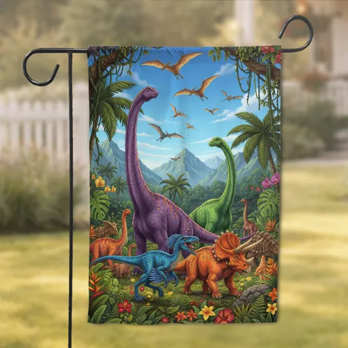 Sauropod Raptor Triceratops Ancient Dinosaurs Jungle Pterodactyls - Dinosaur Lover Gift Garden Flag