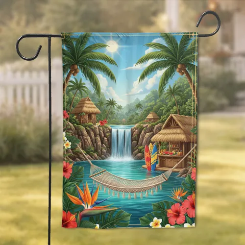 Tropical Waterfall Tiki Bar Hammock Oasis - Home Decor Gift for Paradise Lover Garden Flag