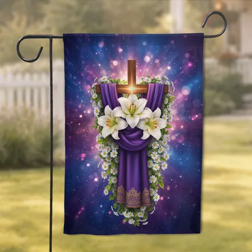 Glowing White Easter Lilies Cross Bokeh - Easter Holiday Faith Gift Garden Flag