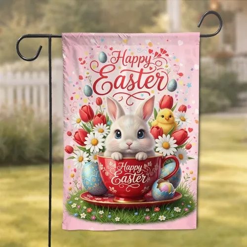 Happy Easter Baby Bunny Teacup Chick Easter Eggs Daisies - Spring Celebration Gift Garden Flag