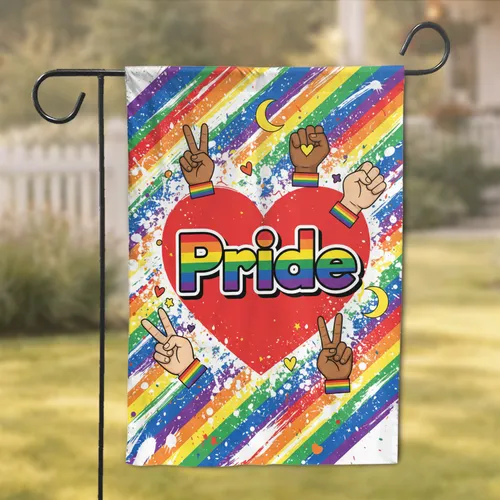 Pride Rainbow Hands Peace Sign Raised Fist Heart Stars Moons - Celebration Home Decor Garden Flag