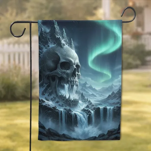 Ancient Skull Icy Mountain Aurora - Dark Fantasy Decor for Fantasy Lover Garden Flag