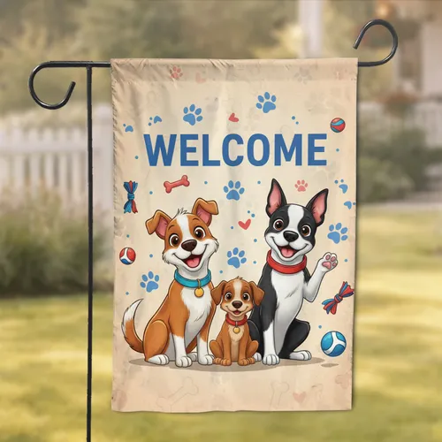 Welcome Three Cartoon Dogs Paw Prints - Dog Lover Home Decor Gift Garden Flag