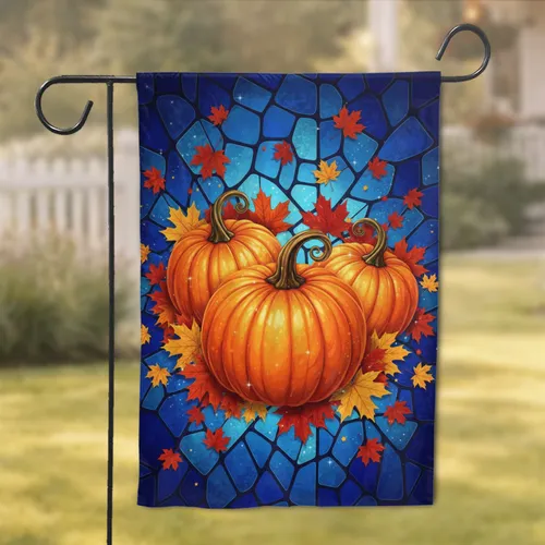 Glowing Orange Pumpkins Fiery Maple Leaves Stained Glass - Autumn Home Decor Gift Garden Flag