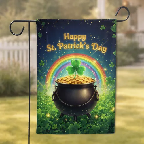 Happy St. Patrick's Day Pot of Gold Four-Leaf Clover Rainbow - Holiday Decor Garden Flag