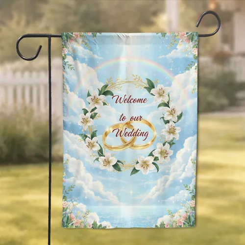 Intertwined Golden Wedding Rings Floral Wreath - Wedding Day Decor Gift Garden Flag