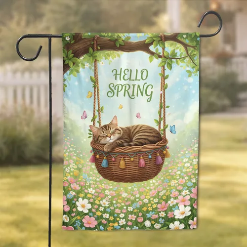 Tabby Cat Wicker Swing Spring Meadow - Spring Decor Gift for Cat Lover Garden Flag