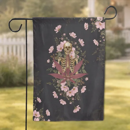 Intertwined Marijuana Leaf Skeleton Cosmos Flowers - Life Mortality Home Decor Gift Garden Flag