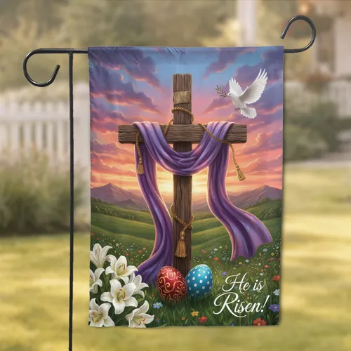 Weathered Cross Purple Fabric Lilies Dove - Easter Celebration Home Decor Garden Flag