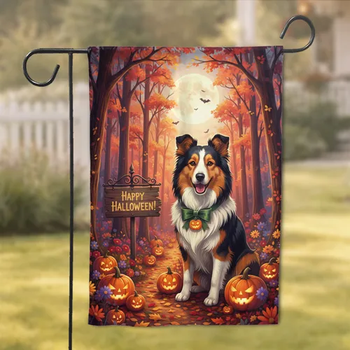 Cheerful Collie Dog Halloween Jack-o'-lantern Forest - Halloween Party Garden Flag