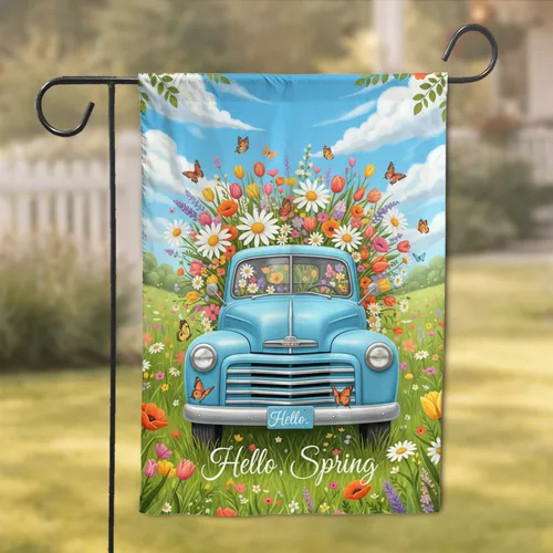 Vintage Farm Truck Spring Flowers Butterflies - Hello Spring Decor Gift Garden Flag