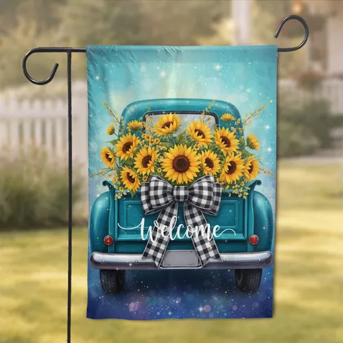 Teal Truck Sunflowers Gingham Bow Welcome - Farmhouse Home Decor Gift Garden Flag