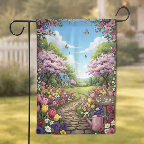 Cobblestone Garden Path Cottage Welcome Sign - Garden Lover Home Decor Gift Garden Flag