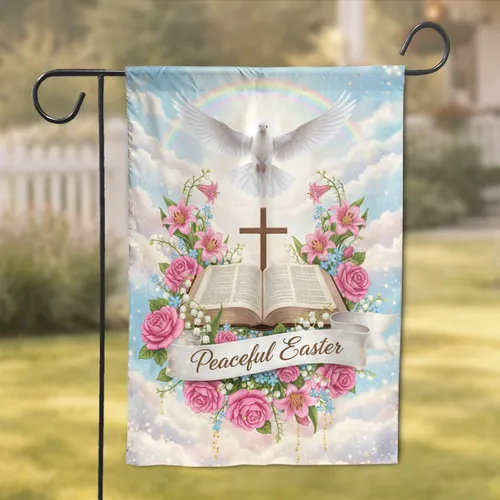 White Dove Bible Cross Spring Flowers Rainbow Clouds - Peaceful Easter Holiday Gift Garden Flag