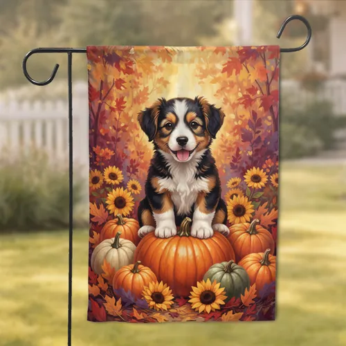 Fluffy Puppy Orange Pumpkin Autumn Leaves - Home Decor Gift for Puppy Lover Garden Flag