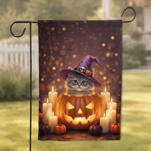 Kitten Witch Hat Jack-O'-Lantern - Autumn Halloween Party Decor for Cat Lover Garden Flag