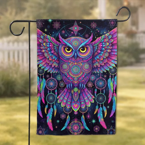 Psychedelic Owl Dreamcatcher Geometric Mandala - Cosmic Home Decor Gift Garden Flag