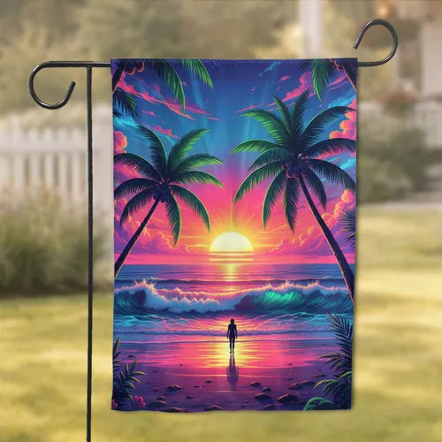Tropical Sunset Ocean Palm Trees Beach - Coastal Home Decor Gift Garden Flag