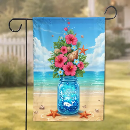 Welcome Summer Mason Jar Hibiscus Beach Scene Home Decor Gift Garden Flag
