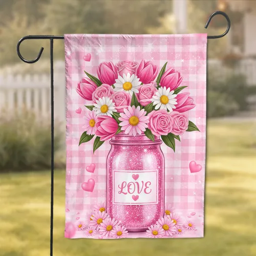 Love Heart Pink Tulips Roses Daisies Mason Jar Gingham - Home Decor Gift Garden Flag