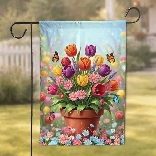 Terracotta Pot Spring Flowers Bouquet Butterflies - Home Decor Gift for Garden Lover Garden Flag