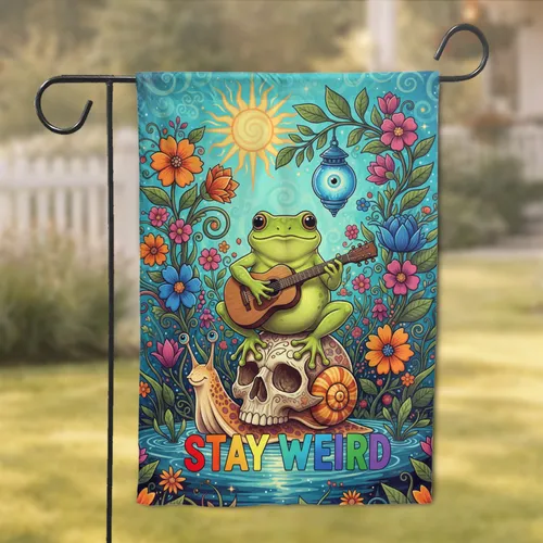 STAY WEIRD Text Green Frog Guitar Skull Snail Sun Lantern Flowers - Home Decor Gift Garden Flag