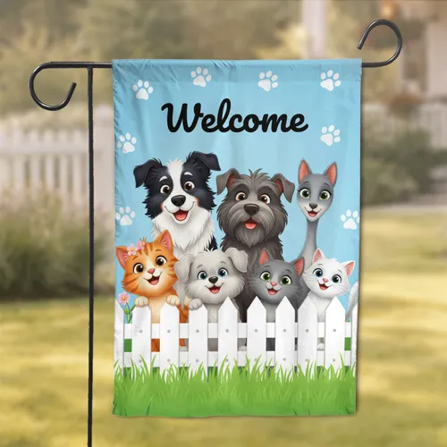 Welcome Dogs Cats Paw Prints Picket Fence Grass - Pet Lover Home Decor Gift Garden Flag