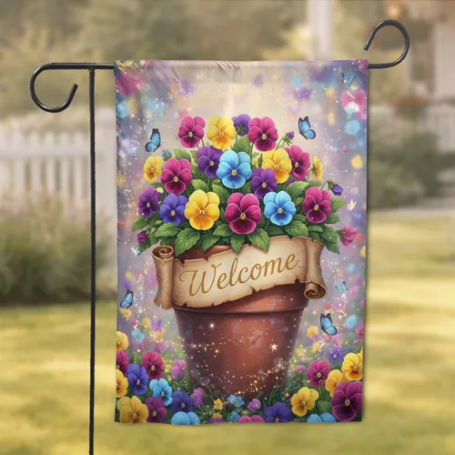 Welcome Pansy Terracotta Pot Butterflies - Home Decor Gift for Garden Lover Garden Flag