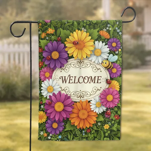 Welcome Sign Spring Flowers Ladybugs Bee Garden - Home Decor Gift for Garden Lover Garden Flag