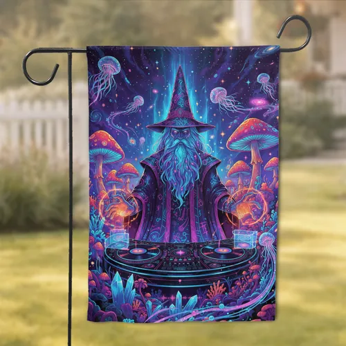 Cosmic DJ Wizard Psychedelic Mushroom Jellyfish - Home Decor Gift for Rave Fan Garden Flag