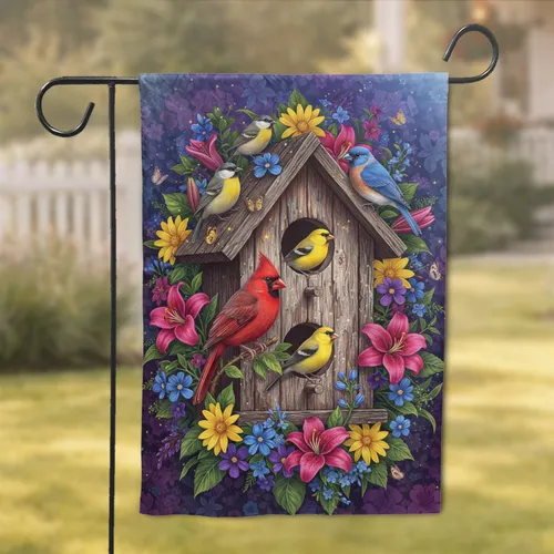 Rustic Birdhouse Songbirds Flower Garden - Garden Lover Gift for Bird Watchers Garden Flag