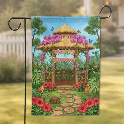 Tropical Garden Gazebo Happy Summer - Summer Celebration Decor Garden Flag