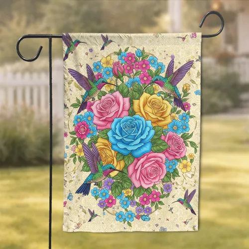 Azure Blue Rose Hummingbird Floral - Home Decor Gift for Garden Lover Garden Flag