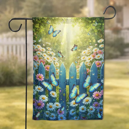 Rustic Blue Picket Fence Daisies Butterflies Garden - Home Decor Gift for Garden Lover Garden Flag