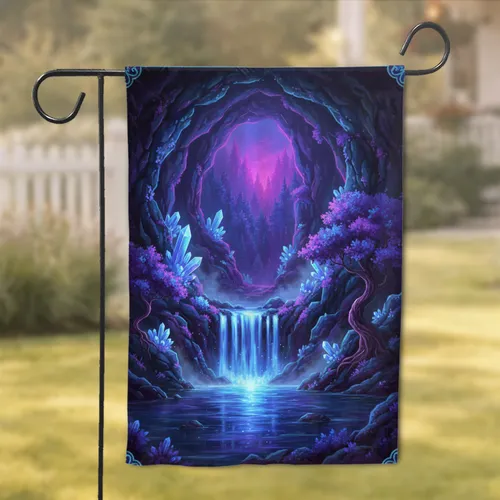Glowing Waterfall Cavern Bioluminescent Rocks Crystalline Formations - Home Decor Gift Garden Flag