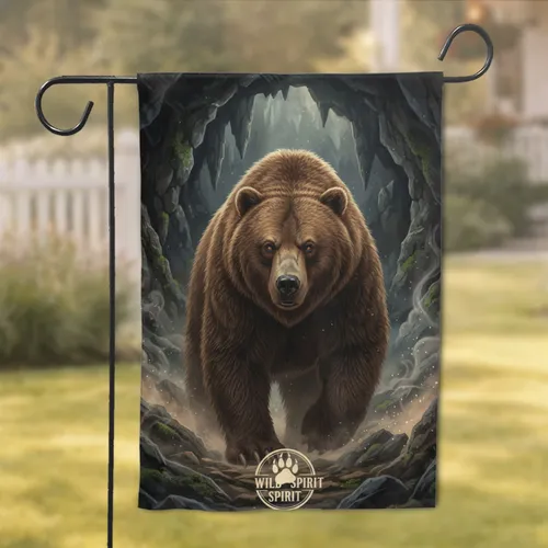 Brown Grizzly Bear Dark Cave Entrance - Wildlife Lover Home Decor Gift Garden Flag