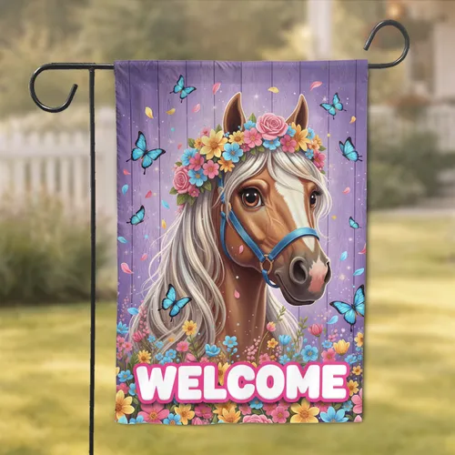 Horse Head Floral Wreath Welcome Sign - Home Decor Gift for Horse Lover Garden Flag