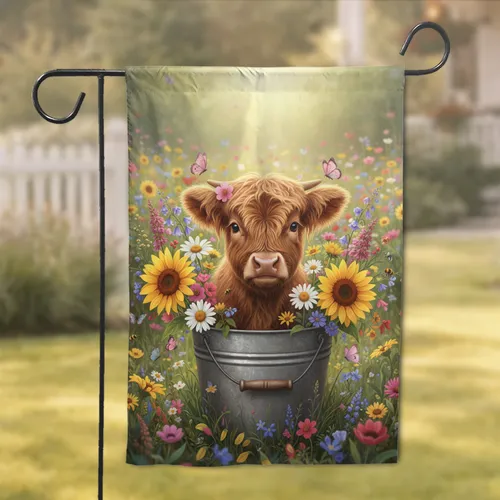 Highland Calf Wildflower Bucket Farmhouse Home Decor Cow Lover Gift Garden Flag