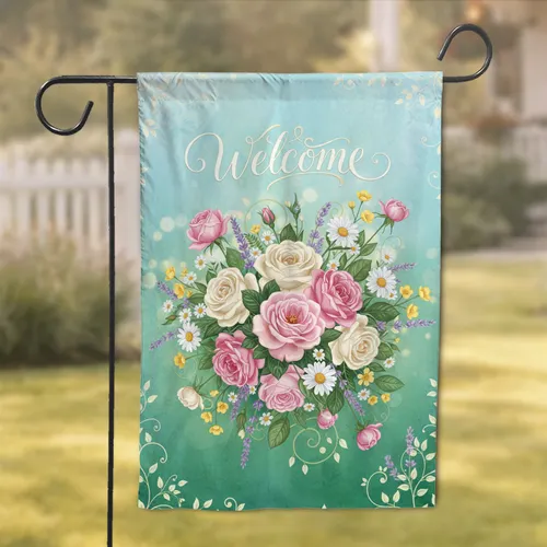 Welcome Script Roses Lavender Wildflowers Garden Bouquet - Home Decor Gift Garden Flag