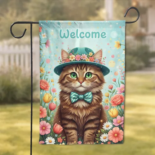 Fluffy Brown Tabby Cat Welcome Sign with Spring Flowers - Home Decor Gift for Cat Lovers Garden Flag