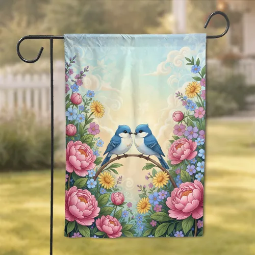 Love Birds Peony Daisy Garden - Home Decor Gift for Bird Lovers Garden Flag